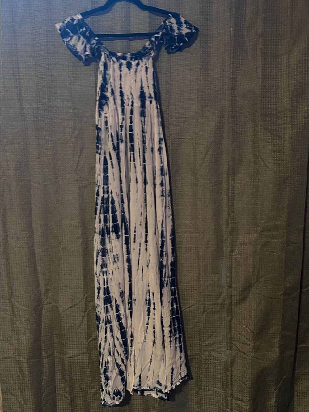 ULUWATU Womens O/S Navy White Tie Dye Maxi Dress Off Shoulder Boho Slit Resort